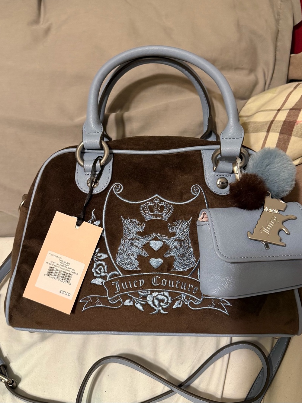 Juicy Couture Brown Suede Satchel with Light Blue Trim and Pouch